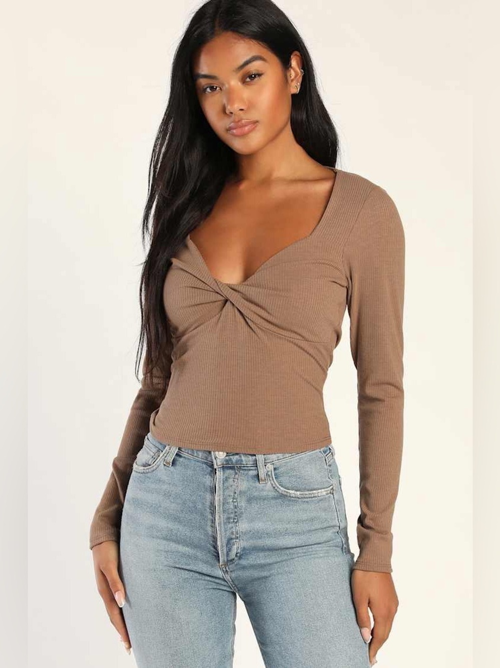 Lulus Modern Image Brown Ribbed Long Sleeve Twist-Front Top Size Medium NWT